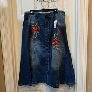 Long Embroidered Denim Skirt